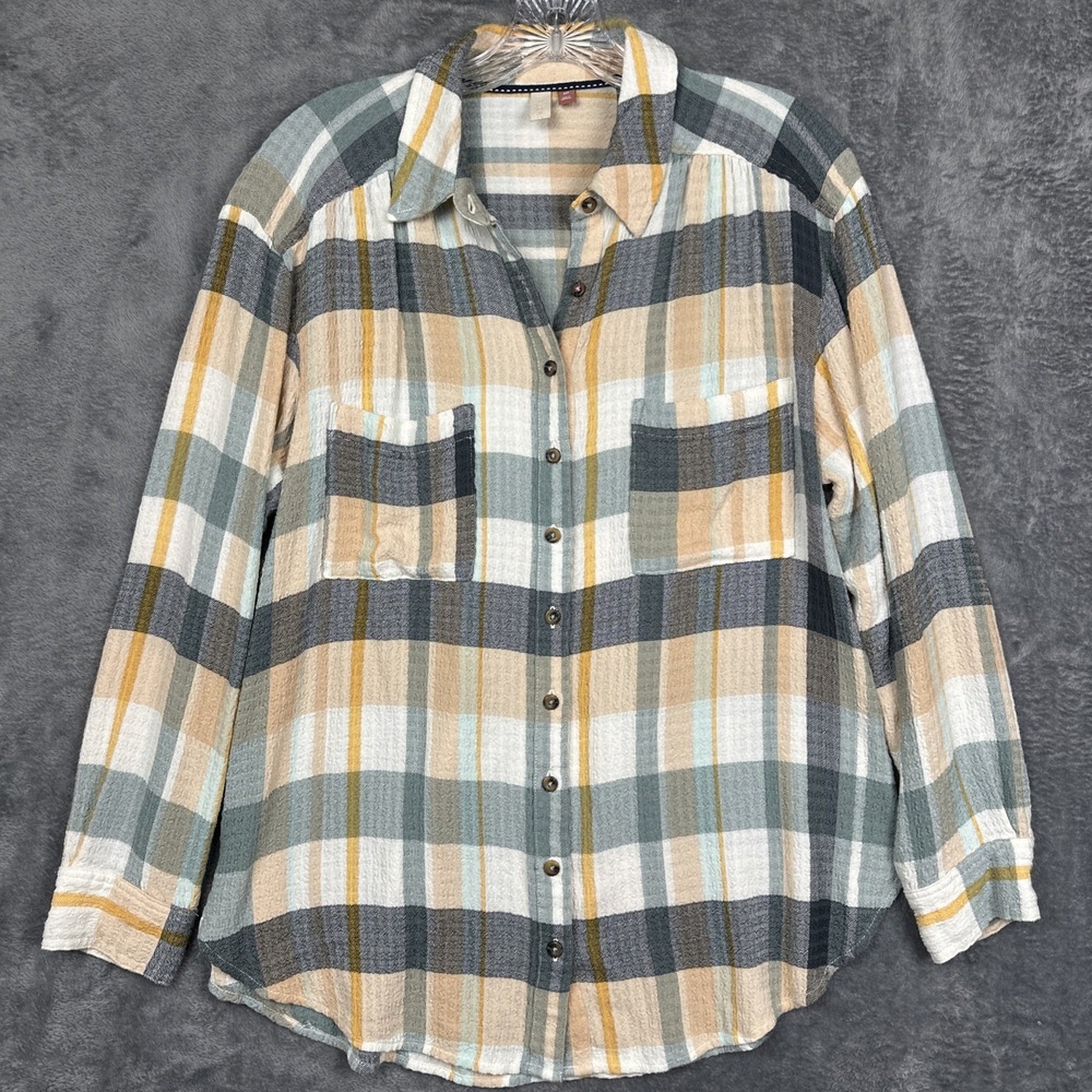 Pilcro Anthropologie Shirt Petite‎ Medium Plaid Button Down Yellow Blue Gray